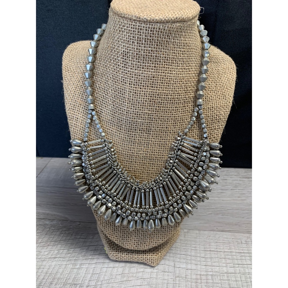 Silver Tone Boho Statement Bib Necklace Geometric Teardrop Beaded 16‎ Inch 3162